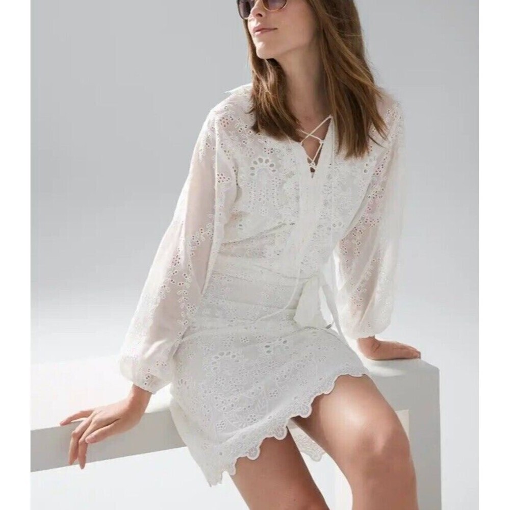 NEW White House Black Market Long-Sleeve White Eyelet Dress, L